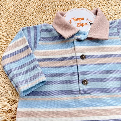 Macacão Tricotil (Tricot 100% Algodão) com Gola e Estampa Digital - Areia, Azul Claro com Listras Macacão Tricotil (Tricot 100% Algodão) com Gola e Estampa Digital - Areia, Azul Claro com Listras